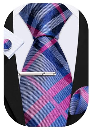 Barry.Wang Men Tie Stripe Plaid Silk Ties Pocket Sqaure Cufflink Tie-Clip 4PCS Set Classic Business Wedding Necktie (Pink Blue Grey)