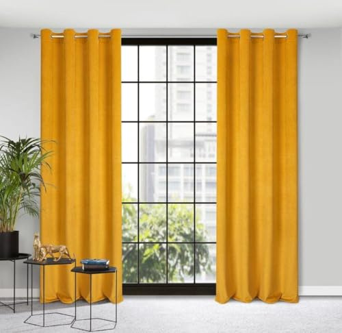 Eurofirany Eliza Struktur Samt Vorhang mit Ösen 1 STK. Velvet Kälteschutz Gardine Schlafzimmer Wohnzimmer Balkontür 140x250cm Senfgelb
