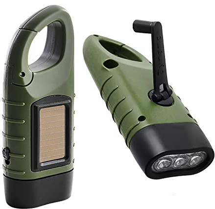 Lampe Dynamo 2 pièces, Lampe de Poche Solaire LED | Lampe Torche Dynamo & Solaire, Étanche, avec Mousqueton, pour Camping, Outdoor & Urgence