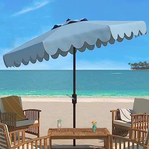 SAFAVIEH Outdoor - Venice 9-Foot Crank Patio Umbrella - Baby Blue & White Canopy - Brown Aluminum Pole - Single Scallop Trim Design - Ideal for Patio, Deck, Poolside, Backyard (PAT8010U)
