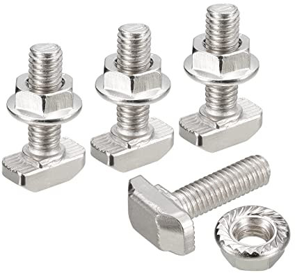 sourcing map M6x20mm T Slot Drop-in Bolt and M6 Hexagon Flange Nut Set, 10 Sets Hammer Head T-Bolt T Shape Stud Sliding Screw for 30 Series Aluminum Profile