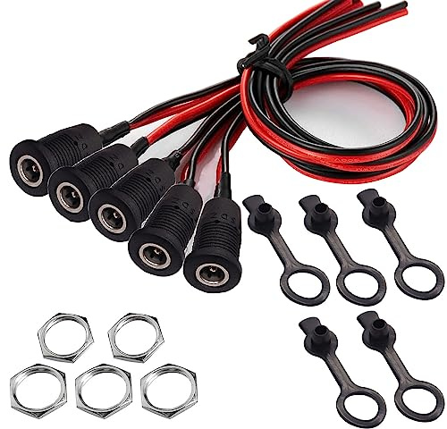 RUNCCI-YUN 5Pcs DC Power Jack Socket 5,5 X 2,1 mm,12V 10A Hohlstecker DC Buchse Panel Mount Set, Niedervolt Steckverbinder 5,5 MMX 2,1mm (Mit Kabel 15cm) +5X Gummi Schutzklappen