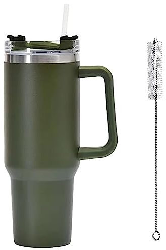 FiveMileBro Doppelwandiger Edelstahl Vakuum Isolierbecher mit Strohhalm, Tragbare Autobecher Becher Tumbler, 1200ml, 40oz, Thermobecher Für Kalte Heiße Getränke (Grün)