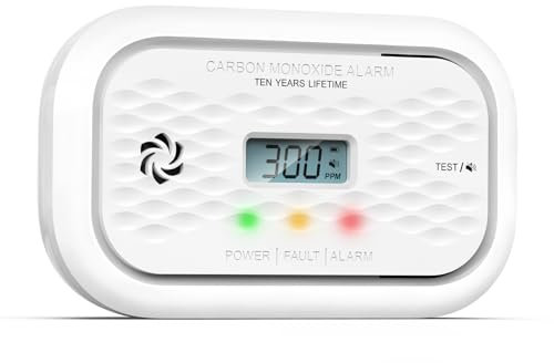 Andyssey ZA326 H01 Carbon Monoxide Detector 10 Year Life Sensor and Battery, CO Alarm with Display, Test Button, EN 50291 Standards, 1 Piece