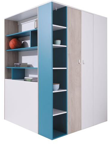 Lomadox Jugendzimmer Begehbarer Kleiderschrank in weiß Eiche blau