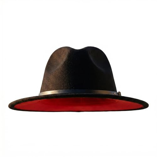VANTOBEST Klassischer Fedora-Hut, breite Krempe, Pork Pie Hut, zweifarbig, flacher Hut, Panamahut, Jazz-Kappe mit Gürtelschnalle, für Damen und Herren, Schwarz, Schwarz , 1