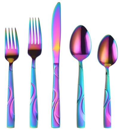 FONGDANLAITE Rainbow Stainless Steel 30-Piece Cutlery Set | , Ergonomic Silverware Set with Fork Spoon Knife, 30-Piece Colorful Flatware Tableware Set - Dishwasher Safe