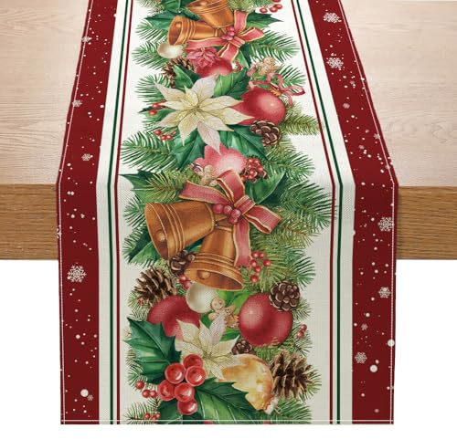 Camino de mesa de Navidad con diseño de campanas de pino de acebo, rayas rojas y blancas, camino de mesa de Navidad, invierno, vacaciones, camino de mesa de comedor Kinchen, decoración para el hogar,