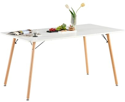 H.J WeDoo Rechteckig Esstisch Küchentisch Buchenholz für 4-6 Stühle Esszimmertisch Tisch mit Holzbein MDF Weiß 140 x 80 cm (Nur Tisch)