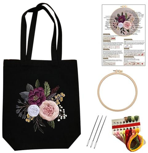 HUANGANG Nähset, Tasche mit Tragegriff und Blumenmuster, handgefertigte Leinentasche, Stickerei-Starter-Set für Damen
