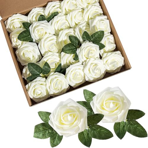 25 PCS Artificial Flowers Roses, Foam Roses with Stems, Foam Latex Rose Fake Flowers for Wedding Bridal Bouquets Centerpieces Arrangement Party Home Decorations Milk White