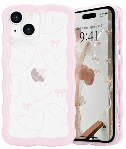 L-FADNUT Bow Case for iPhone 15, Curly Wavy Frame Cute Girly Bow Ribbon Pretty Phone Case, Soft Wave Clear Slim Silicone Shockproof Anti-scratch Cover for Women Girl, Big Heart