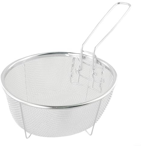 Oniissy Panier à frire en fil métallique pour la friture, panier à frire en acier inoxydable, panier à frire rond avec poignée pliable, facile à nettoyer (20 x 20 cm)