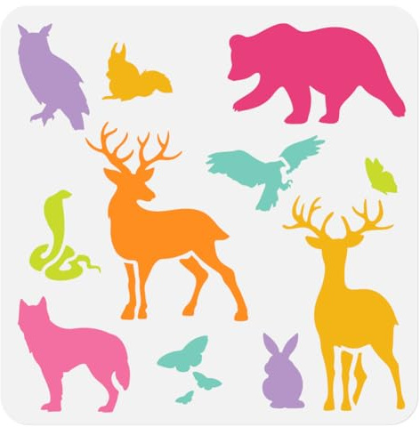 Wandschablone Mit Wildtieren Bär Eule Hirsch Fuchs Kaninchen Adler Schlange Schmetterling 30 x 30cm Wiederverwendbare Schablone Malen Auf Holz Fußboden Wand Tiermotiv Vorlage DIY Bastelmalerei