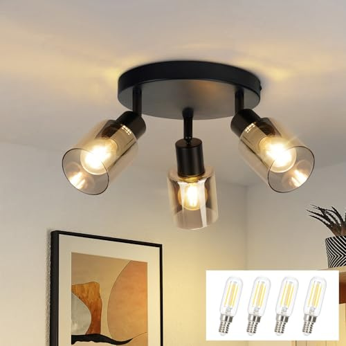 Kowanie Deckenstrahler 3 flammig Schwarz: Vintage Deckenleuchte Deckenlampe | Industrial Deckenspots aus Glas und Metall Schwenkbar Spotleuchte für Küche Wohnzimmer inkl. 4 × E14 2700K Leuchtmittel