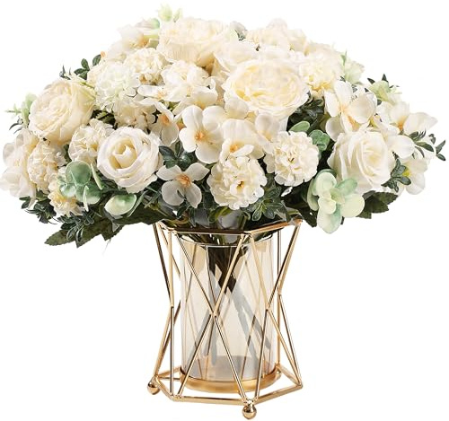 HNVNER 4 Mazzi Fiorellini Finti per Decorazioni, Fiori Finti per Cimitero in Seta, Mazzo di Rose Ortensie Artificiali Realistici per Bouquet Sposa, Partito Casa Decorazioni Floreali (Bianco)