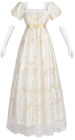 CR ROLECOS Robe Empire Femme Robe d'Époque Régence Femme Costume Victorien pour Thé avec Manches Puff Mariage, Rose, M