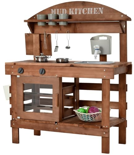 Mud Kitchen for Kids Outdoor 31.5in, Wooden Play Kitchen with Accessories for Kids Play Kitchen Set with Sink, Faucet, Plants Observation Room for Backyard Garden