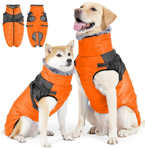 Duuclume Hunde Wintermantel,Wasserdicht & Winddicht, Warm mit Hohem Halsausschnitt, Integriertem Geschirr, Reflektierenden Weste & Reißverschluss – Ideal für Kalte Temperaturen & Schnee (Orange, S)