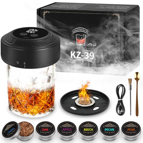 URAQT Fumoir à Whisky Électrique, Kit de Fumoir à Cocktail Rechargeable avec 8 Copeaux de Bois, Flamme à Whisky à l'ancienne avec Lumière Coloré pour Boissons, Cocktails, Vin, Cadeau Homme