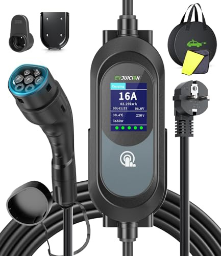 EVJUICION Caricabatteria da auto elettrico 8 m [3,68 KW, 8-16 A, 0-12 H, IP67] EV Tipo 2 con grande schermo LED e supporto da parete Portabilità cavo Ricarica auto elettrica con borsa e supporto cavo