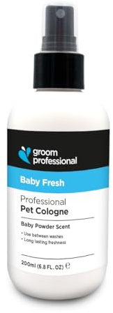 GROOM PROFESSIONAL Baby Fresh Dog Cologne- Perfume for Smelly Dogs - Familiar Baby Powder - Contains Chamomile to Soothe Sensitive Skin, 200ml (200ml new white)