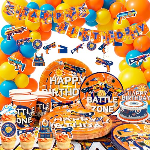 Dart Battle Geburtstags Dekorationen,184 Stück Dart Battle Party Geschirrset Party Deko Teller Geburtstag Banner Ballons Geeignet für Geburtstage