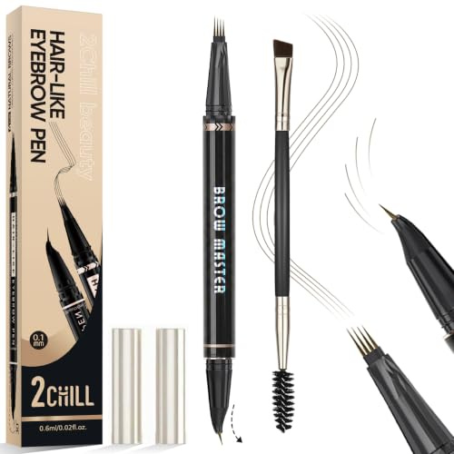 2CHILL 30° Augenbrauenstift gebogen, 2-in-1 wasserfestes Microblading-Eyebrow Pen mit 4 Spitzen, Präzisionspinsel für lebendige Farbe (Hellbraun)