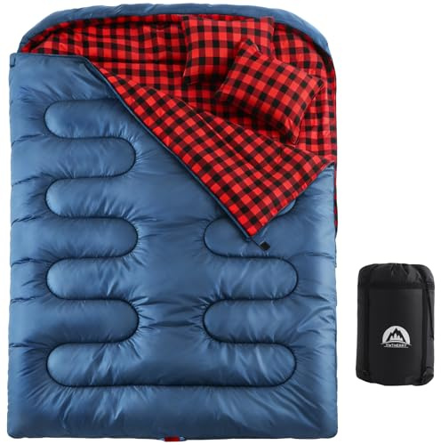 SWTMERRY Sacco a pelo doppio da campeggio, per adulti, per 2 persone, 230 x 160 cm, con 2 cuscini, per famiglia, attività all'aperto, escursioni, viaggi (blu, doppio 230 x 160 cm)