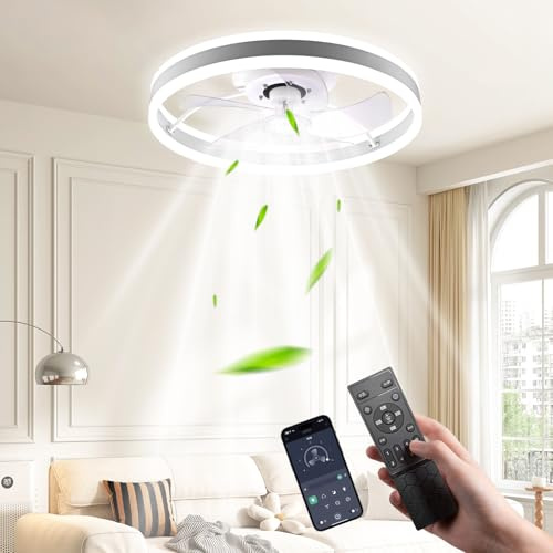 Couleeur 50cm Modern Ceiling Fans with Lights, Smart LED Ceiling Fan Light, 6 Speed & 3000K-6500K Stepless Dimmable Quiet Fan Ceiling Lights Flush Mount for Bedroom Living Room Dining Room, White