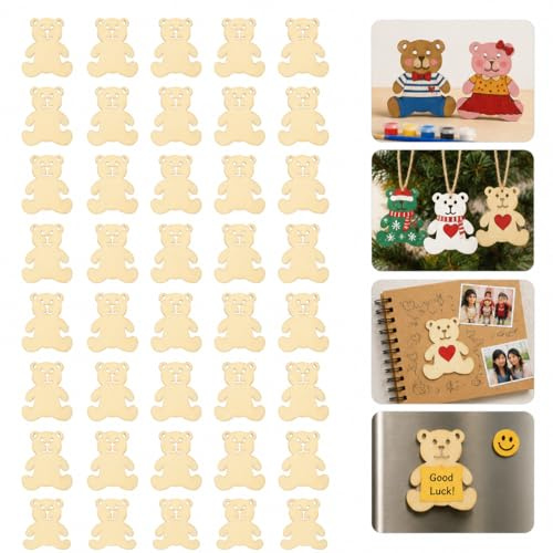 Supvox 40er Set Holzornamente Bärenform - Unbemalte Holzscheiben zum Basteln & Bemalen - DIY Dekoration für Geschenkanhänger, Scrapbooking und Kindergeburtstage