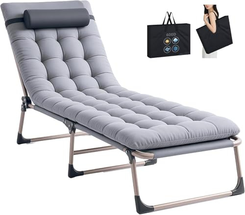 KernGut Folding Lounger,Sonnenliege Klappbett Gästebett Klappbar Liegestuhl,4 Positionen Verstellbares Tragbares Multifunktions-Campingbett,Mit Matratze Seitentasche (Grau 1 Stück)