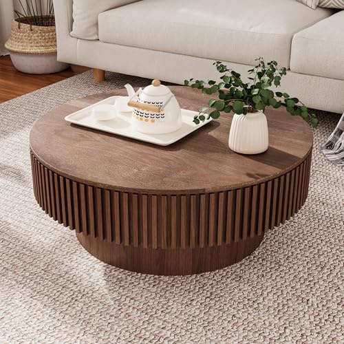 FammyLoft Couchtisch mit Stauraum, Modern Round CoffeeTable, 75cm | Fluted Design,Kid & Pet Friendly