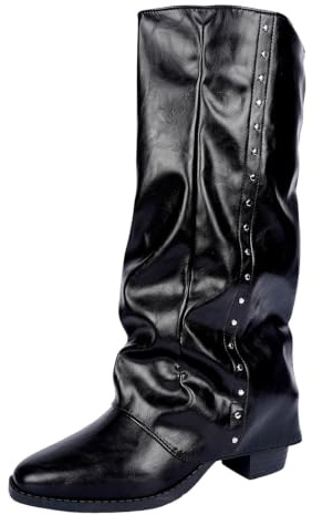 Slouchy knähöga stövlar för kvinnor nit dekor spetsig tå block häl ridning stövel retro PU, Western Knight stövlar för höst vinter utflykter, gatumode, halkfri tjock klack vintage snygga höga skor