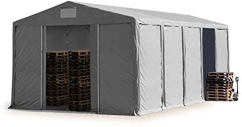 TOOLPORT Tendone deposito 8x10 m Tendone Industriale Tendostruttura con Altezza Laterale 3,6m Grigio telone in PVC 850 N Impermeabile utilizzo continuativo con portone Scorrevole