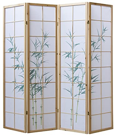 Homestyle4u Paravent Raumteiler mit Bambusmotiv (4 teilig) | Shoji-Stil Spanische Wand, Reispapier, 175 x 220 cm, blickdicht, schnell aufzustellen