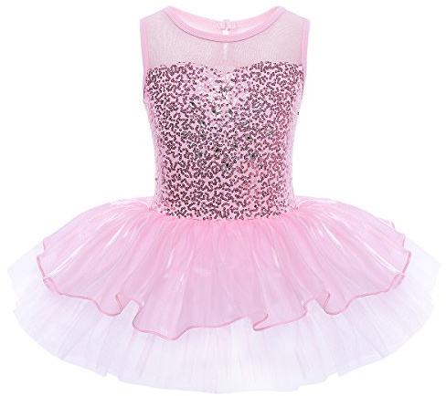 iEFiEL Mädchen Kleid Ballettkleid Kinder Ballett Trikot Ballettanzug mit Tütü Röckchen Pailletten Kleid in Weiß Rosa Türkis (122-128, Rosa B)