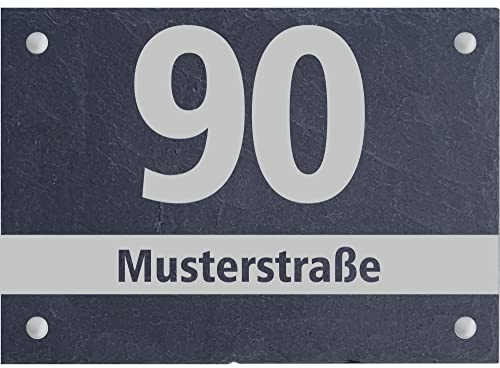 laser-diele Hausnummer aus Schiefer – Namensschild Haustür – Hausnummernschild – Hausnummer mit Straßennamen – 300x200 mm – Querformat 4 Abstandshalter