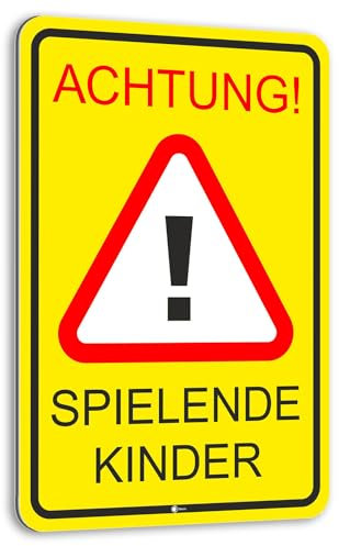 Warnschild I Achtung Spielende-Kinder I Aluverbund-Schild I 20 x 30 cm groß I 3 mm Stark I mit UV Schutz-Laminat I Wetterfestes Hinweisschild I hin075