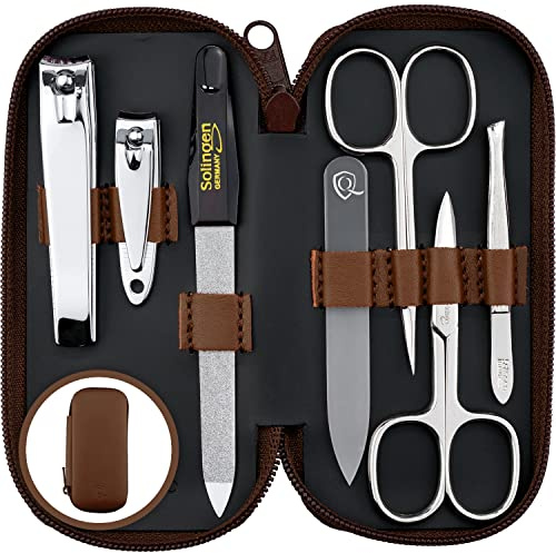 marQus Maniküre Set Damen und Herren Solingen Made in Germany 7 Teile mit patenierter Glasfeile für Hand- und Fußpflege - Echt Leder Etui handlich und weich