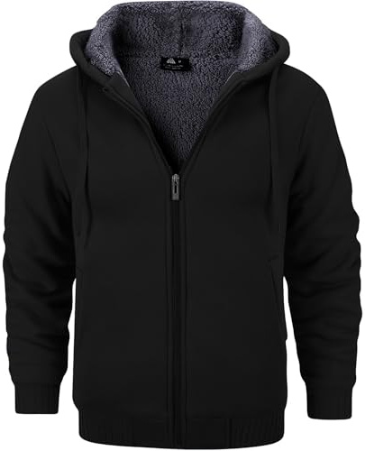 GEEK LIGHTING Men’s Fleece-Lined Zip Up Hoodie, Thick Hooded Jacket Winter Warm Athletic Sweatshirt, Pure black L