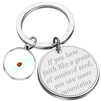 FAADBUK Porte-clés en forme de graines de moutarde avec inscription « If You Have Faith Like A Grain Of Moutarde Seed You Can Move Mountains »