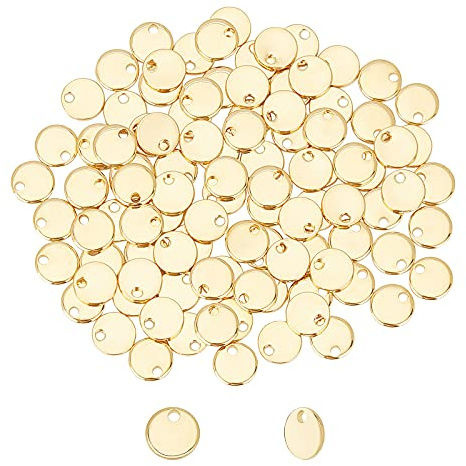 UNICRAFTALE 100 Stück 7mm Golden Flache Runde Charms - 304 Edelstahl Anhänger, Wenig Stanzen Blank Tag, 1.4mm Loch - Armband Metall Charms Für Schmuckherstellung