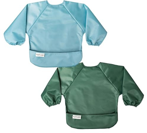 Tiny Twinkle Long Sleeve Bib for Babies & Toddlers | 2-Pack Waterproof Smock Bib for Eating | Machine Washable & Mess-Proof Feeding Essentials | Newborn Shower Gift (Slate Olive,6–24M)