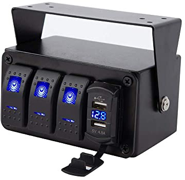 Riloer 3/4 Gang Rocker Toggle Switch Panel mit 4.8A Dual USB Quick Charge/Quick Charge 3.0 USB Ladegerät Voltmeter für Marine Boat Truck Car 12V-24V