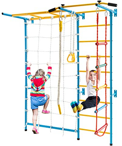 COSTWAY 7 in 1 Sprossenwand Kinderzimmer, Kletterwand aus Metall mit Klimmzugstange, Leiter, Seil & Netzwand, Klettergerüst Indoor, Turnwand für Kinder und Erwachsene, 200 kg Belastbar