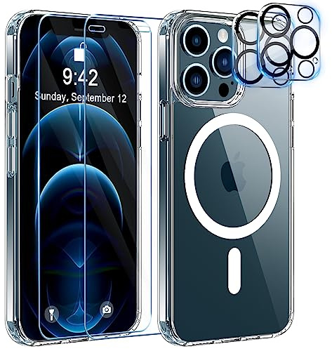 YisrLery 5-in-1 iPhone 12 Pro Hülle für MagSafe mit 2 Stück Panzerfolie und 2 Stück Kameraschutz Militärnorm Schutz, PC Kratzresistente Rückseite Stoßfest TPU Bumper Magnetische Hülle 6.1'' - Klar