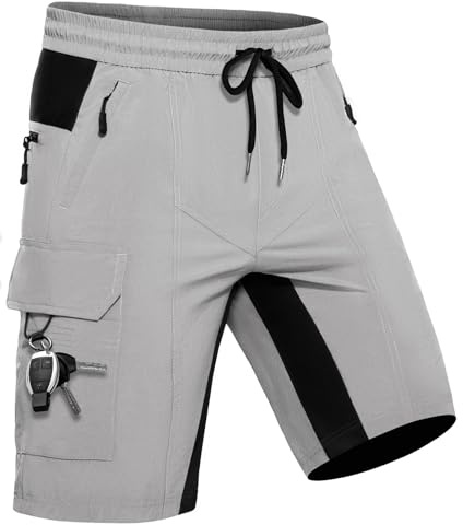 Pantaloncini Uomo Bermuda con 5 Tasche, Pantaloncino Ciclismo MTB Sportivo da Esterno Rapido Asciugamento, Biciclette Shorts Funzionale Stretch per Lavoro Escursionismo e Trekking (Grigio Bianco,XL)