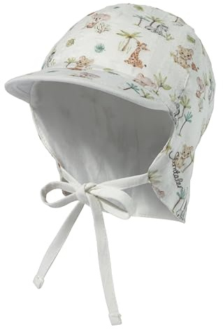 Sterntaler Schirmmütze mit Nackenschutz Tierbabys mit Bindeband für Jungen - Baby Mütze mit Ohrenklappen - Schirmmütze Baby mit Druckmuster - Sonnenkappe aus Baumwolle - Ecru, 37