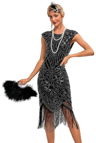 Viloree 1920s Kleid Damen Flapper Charleston Kleid Gatsby Pailletten Cocktail Abschlussballkleid Party Kostüm Kleid Schwarz & Silber (54) L